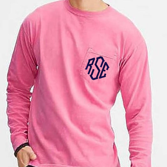 Long Sleeve Comfort Colors Pocket Tee, Monogrammed Long sleeve, Monogrammed Comfort Colors, Pocket Tee, Embroidered Monogram, Personalized